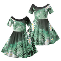 Piko Hawaiian Family Matching Mermaid Dress and Hawaiian Shirt Green Galaxy Spiral Plumeria Tribal Patterns