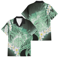 Piko Hawaiian Family Matching Off The Shoulder Long Sleeve Dress and Hawaiian Shirt Green Galaxy Spiral Plumeria Tribal Patterns