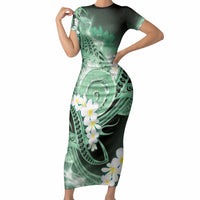 Piko Hawaiian Short Sleeve Bodycon Dress Green Galaxy Spiral Plumeria Tribal Patterns