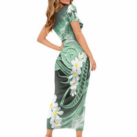 Piko Hawaiian Short Sleeve Bodycon Dress Green Galaxy Spiral Plumeria Tribal Patterns