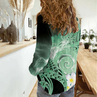 Piko Hawaiian Women Casual Shirt Green Galaxy Spiral Plumeria Tribal Patterns