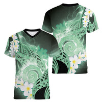 Piko Hawaiian Women V-Neck T-Shirt Green Galaxy Spiral Plumeria Tribal Patterns