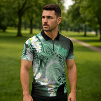 Piko Hawaiian Zipper Polo Shirt Green Galaxy Spiral Plumeria Tribal Patterns