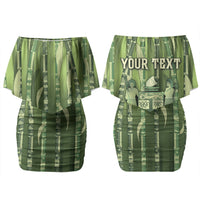 Personalised Fiji Language Week Sugarcane Masi Couples Matching Off Shoulder Short Dress and Hawaiian Shirt Green Tapa Tribal Pattern