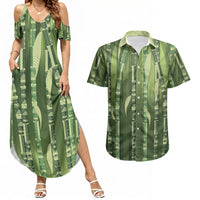 Personalised Fiji Language Week Sugarcane Masi Couples Matching Summer Maxi Dress and Hawaiian Shirt Green Tapa Tribal Pattern