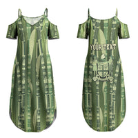 Personalised Fiji Language Week Sugarcane Masi Couples Matching Summer Maxi Dress and Long Sleeve Button Shirt Green Tapa Tribal Pattern