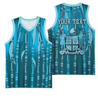 Personalised Fiji Language Week Sugarcane Masi Basketball Jersey Blue Tapa Tribal Pattern