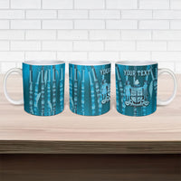 Personalised Fiji Language Week Sugarcane Masi Ceramic Mug Blue Tapa Tribal Pattern