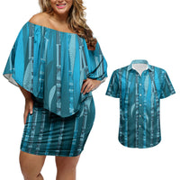 Personalised Fiji Language Week Sugarcane Masi Couples Matching Off Shoulder Short Dress and Hawaiian Shirt Blue Tapa Tribal Pattern