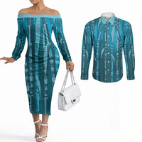Personalised Fiji Language Week Sugarcane Masi Couples Matching Off The Shoulder Long Sleeve Dress and Long Sleeve Button Shirt Blue Tapa Tribal Pattern