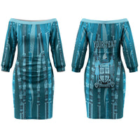 Personalised Fiji Language Week Sugarcane Masi Couples Matching Off The Shoulder Long Sleeve Dress and Long Sleeve Button Shirt Blue Tapa Tribal Pattern