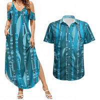 Personalised Fiji Language Week Sugarcane Masi Couples Matching Summer Maxi Dress and Hawaiian Shirt Blue Tapa Tribal Pattern