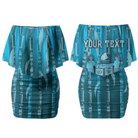 Personalised Fiji Language Week Sugarcane Masi Family Matching Off Shoulder Short Dress and Hawaiian Shirt Blue Tapa Tribal Pattern