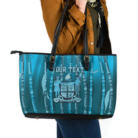 Personalised Fiji Language Week Sugarcane Masi Leather Tote Bag Blue Tapa Tribal Pattern