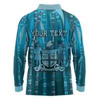 Personalised Fiji Language Week Sugarcane Masi Long Sleeve Polo Shirt Blue Tapa Tribal Pattern
