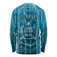 Personalised Fiji Language Week Sugarcane Masi Long Sleeve Shirt Blue Tapa Tribal Pattern