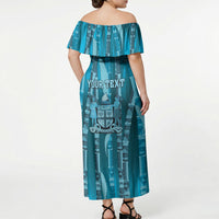 Personalised Fiji Language Week Sugarcane Masi Off Shoulder Maxi Dress Blue Tapa Tribal Pattern