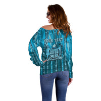 Personalised Fiji Language Week Sugarcane Masi Off Shoulder Sweater Blue Tapa Tribal Pattern