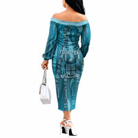 Personalised Fiji Language Week Sugarcane Masi Off The Shoulder Long Sleeve Dress Blue Tapa Tribal Pattern