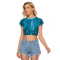 Personalised Fiji Language Week Sugarcane Masi Raglan Cropped T Shirt Blue Tapa Tribal Pattern