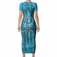 Personalised Fiji Language Week Sugarcane Masi Short Sleeve Bodycon Dress Blue Tapa Tribal Pattern