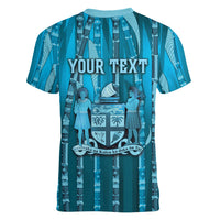 Personalised Fiji Language Week Sugarcane Masi Women V-Neck T-Shirt Blue Tapa Tribal Pattern