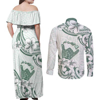 Aloha Hawaii Shaka Couples Matching Off Shoulder Maxi Dress and Long Sleeve Button Shirt Hang Loose Mint Version - Polynesian Pride