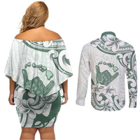 Aloha Hawaii Shaka Couples Matching Off Shoulder Short Dress and Long Sleeve Button Shirt Hang Loose Mint Version - Polynesian Pride