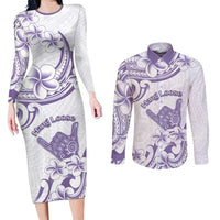 Aloha Hawaii Shaka Couples Matching Long Sleeve Bodycon Dress and Long Sleeve Button Shirt Hang Loose Purple Version - Polynesian Pride