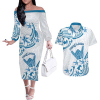 Aloha Hawaii Shaka Couples Matching Off The Shoulder Long Sleeve Dress and Hawaiian Shirt Hang Loose Blue Version - Polynesian Pride