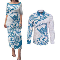 Aloha Hawaii Shaka Couples Matching Puletasi and Long Sleeve Button Shirt Hang Loose Blue Version - Polynesian Pride