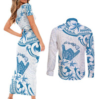 Aloha Hawaii Shaka Couples Matching Short Sleeve Bodycon Dress and Long Sleeve Button Shirt Hang Loose Blue Version - Polynesian Pride