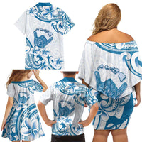 Aloha Hawaii Shaka Family Matching Off Shoulder Short Dress and Hawaiian Shirt Hang Loose Blue Version - Polynesian Pride