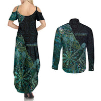 Personalised New Zealand Dart Couples Matching Summer Maxi Dress and Long Sleeve Button Shirt Maori Fern With Paua Shell - Polynesian Pride