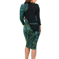 Personalised New Zealand Dart Family Matching Long Sleeve Bodycon Dress and Hawaiian Shirt Maori Fern With Paua Shell - Polynesian Pride
