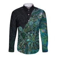 Personalised New Zealand Dart Long Sleeve Button Shirt Maori Fern With Paua Shell - Polynesian Pride