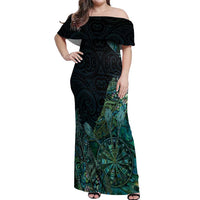 Personalised New Zealand Dart Off Shoulder Maxi Dress Maori Fern With Paua Shell - Polynesian Pride