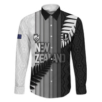 Custom New Zealand Football Family Matching Long Sleeve Bodycon Dress and Hawaiian Shirt Silver Fern Maori Pattern Monochrome DT05 Dad's Shirt - Long Sleeve White - Polynesian Pride