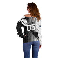 Custom New Zealand Football Off Shoulder Sweater Silver Fern Maori Pattern Monochrome DT05 - Polynesian Pride