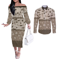 Hawaii Christmas In July Couples Matching Off The Shoulder Long Sleeve Dress and Long Sleeve Button Shirt Beige Mele Kalikimaka Sea Animals DT05 Beige - Polynesian Pride
