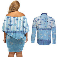 Hawaii Christmas In July Couples Matching Off Shoulder Short Dress and Long Sleeve Button Shirt Sky Blue Mele Kalikimaka Sea Animals DT05 - Polynesian Pride