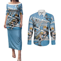 Custom Argentina Football Couples Matching Puletasi and Long Sleeve Button Shirt Goat Comic Style Sun Of May