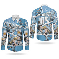 Custom Argentina Football Couples Matching Short Sleeve Bodycon Dress and Long Sleeve Button Shirt Goat Comic Style Sun Of May