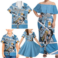Custom Argentina Football Family Matching Off Shoulder Maxi Dress and Hawaiian Shirt Goat Comic Style Sun Of May