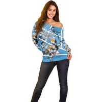 Custom Argentina Football Off Shoulder Sweater Goat Comic Style Sun Of May
