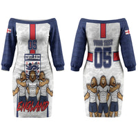 Custom England Football Couples Matching Off The Shoulder Long Sleeve Dress and Long Sleeve Button Shirt Three Lions Trophy St George Cross