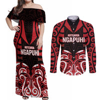 Custom Aotearoa Ngapuhi Couples Matching Off Shoulder Maxi Dress and Long Sleeve Button Shirt Maori Pattern New Zealand DT05 Red - Polynesian Pride