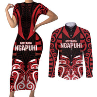 Custom Aotearoa Ngapuhi Couples Matching Short Sleeve Bodycon Dress and Long Sleeve Button Shirt Maori Pattern New Zealand DT05 Red - Polynesian Pride