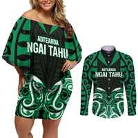 Custom Aotearoa Ngai Tahu Couples Matching Off Shoulder Short Dress and Long Sleeve Button Shirt Maori Pattern New Zealand DT05 Green - Polynesian Pride