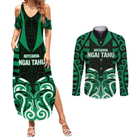 Custom Aotearoa Ngai Tahu Couples Matching Summer Maxi Dress and Long Sleeve Button Shirt Maori Pattern New Zealand DT05 Green - Polynesian Pride